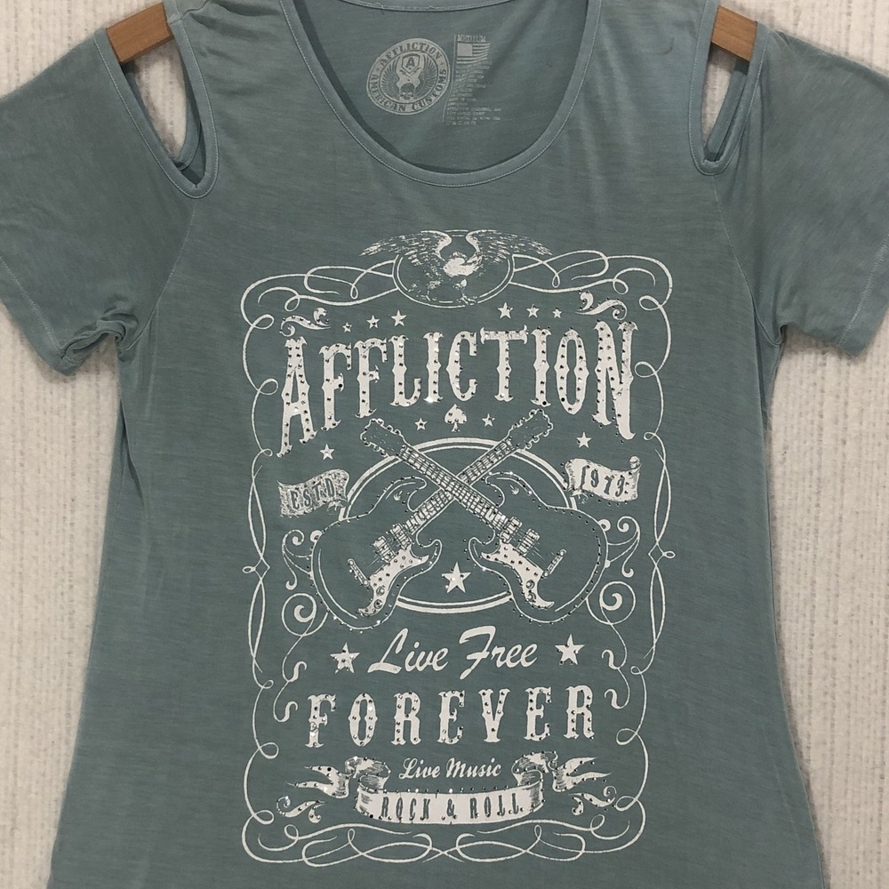 Affliction American Customs Blue Cold Shoulder Graphic Tee Rhinestone Medium